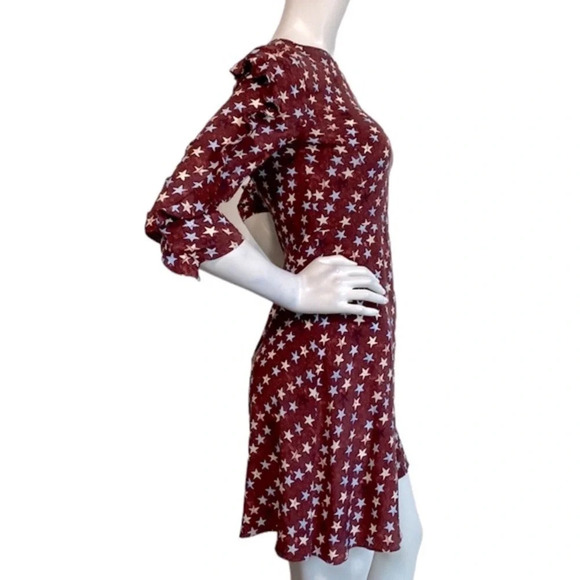 Sandro Burgundy Star Print 100% Silk Round Neck Ruffle Mini Dress Size 1=S US - Picture 10 of 13